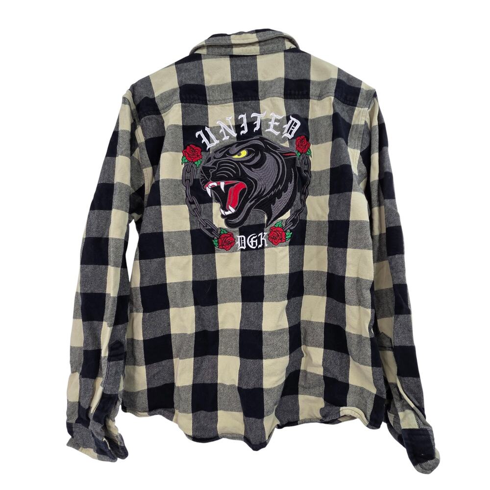 DGK LARGE PUMA EMBROIDER PATCHWORK COTTON GINGHAM LONG SLEEVE BUTTON UP FLANNEL